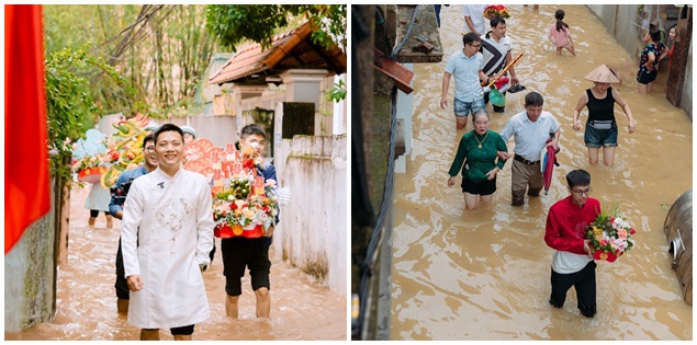 Đám cưới ngày mưa lụt: Chú rể "đạp gió, rẽ sóng", bì bõm lội nước rước nàng về dinh