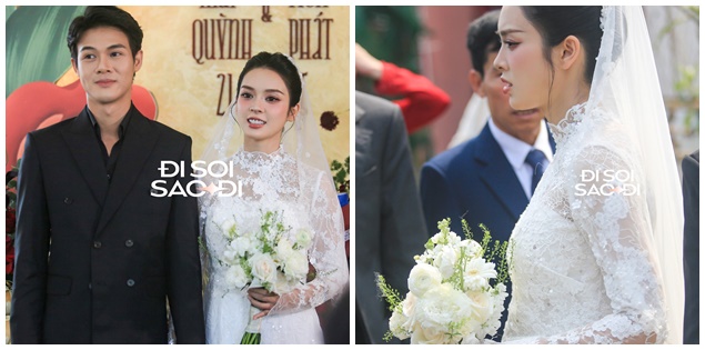 Quỳnh Lương mặc váy cưới, lộ bụng 'lùm lùm' theo chồng về dinh