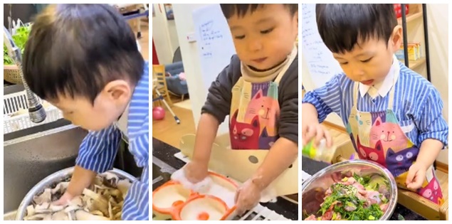 Cậu bé 2,5 tuổi khiến nhiều người bất ngờ vì thành thạo việc nấu cơm, rửa bát