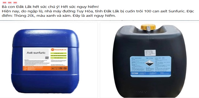 100 can axit sunfuric bị lũ cuốn trôi, công an phát cảnh báo nguy hiểm