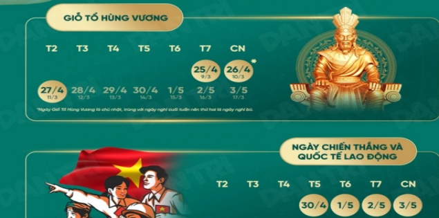 Lịch nghỉ lễ Giỗ Tổ, ngày Quốc tế lao động sau Tết Nguyên đán