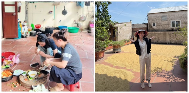 Hiếm có nàng dâu nào như Doãn Hải My về nhà chồng không ngại từ rửa bát đến phơi thóc, ghi điểm bởi sự giản dị