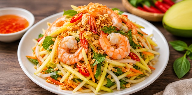 Gỏi tôm xoài xanh ăn thanh mát, chua ngọt hài hòa cho bữa tối