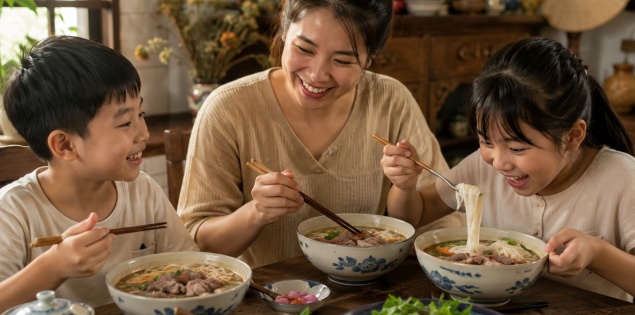 Cuối tuần cả nhà quây quần nấu bún bò Huế